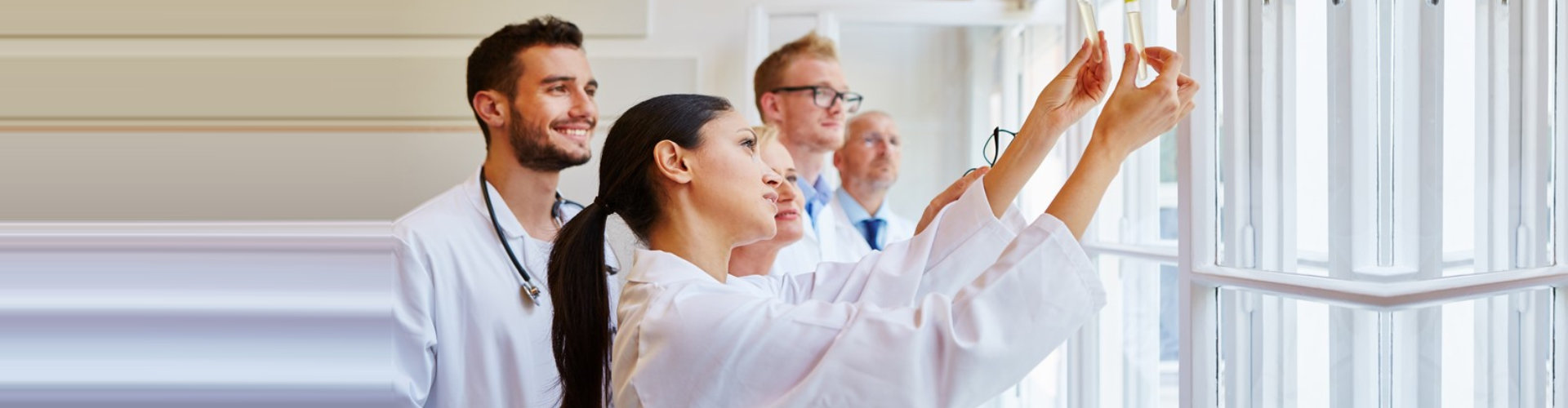 group of physicians checking the urine